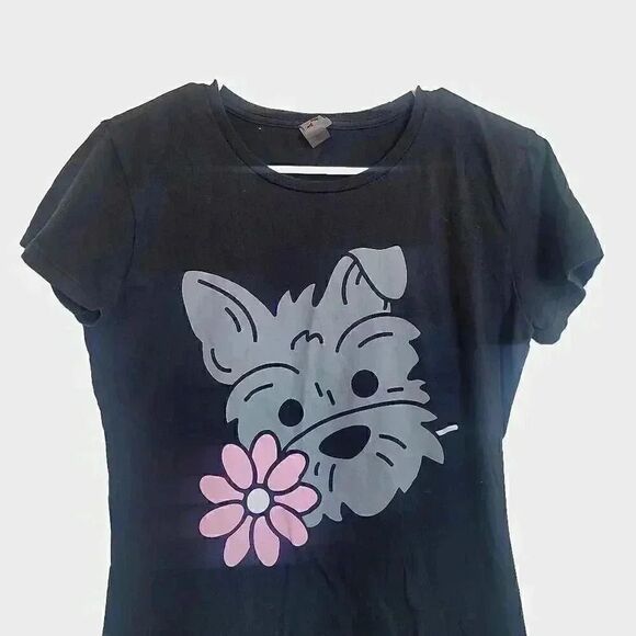 Instant Message Women's Black Cotton Schnauzer w Flower Short Sleeve Round Neck - Picture 3 of 6